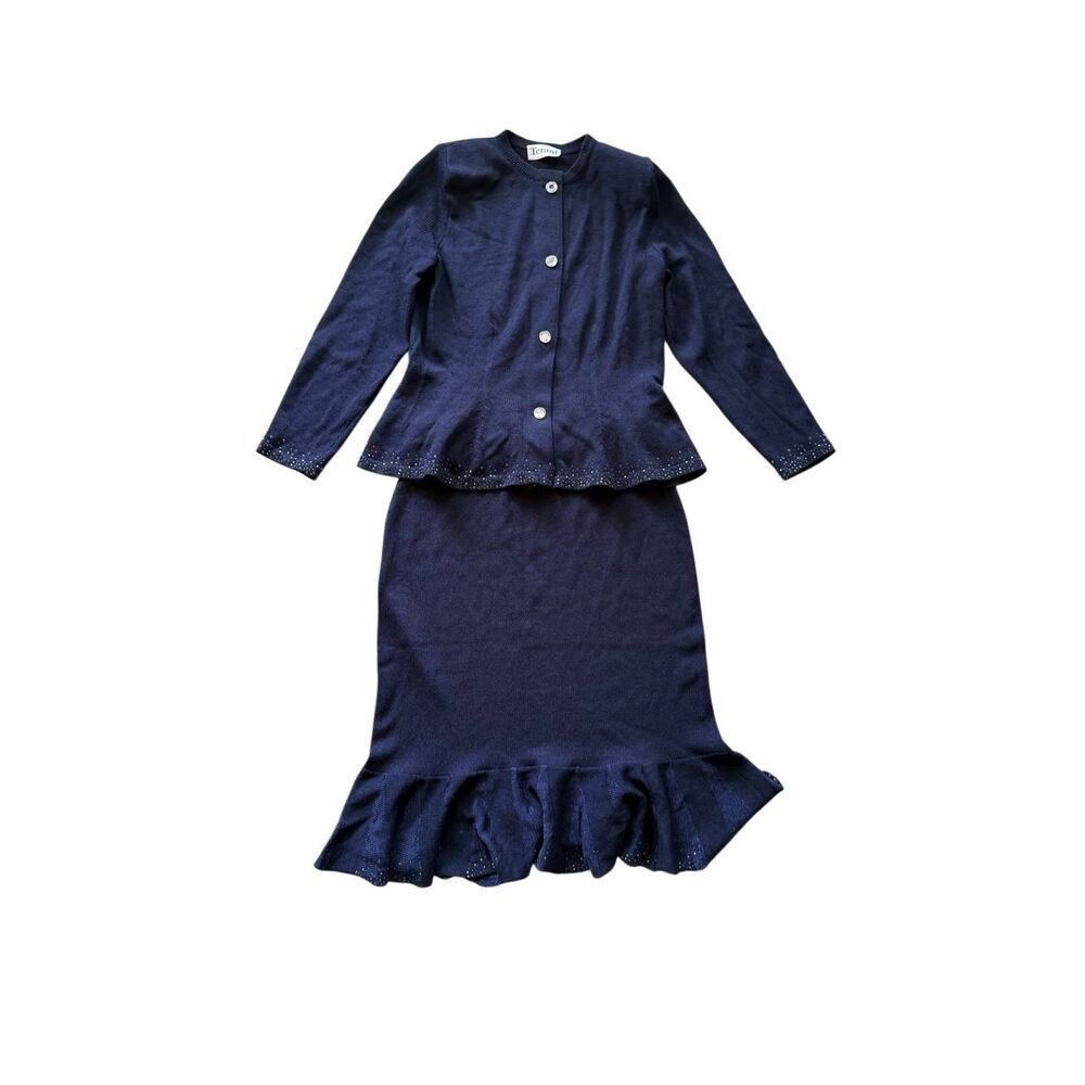 Terani Womens Navy Wool Blend Embellished Peplum Cardigan & Midi Skirt Set Large